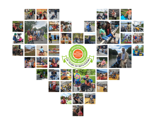 A photo collage in the shape of a heart, with a RAA logo in the center with a "10 Years of Inclusion" banner. Photos are of people participating in inclusive recreation, sports, and tourism.