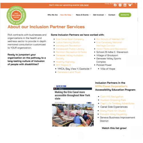 A screenshot from RAA's Inclusion Partnership webpage showing a listing of organizations and businesses that are working with or have worked with RAA.