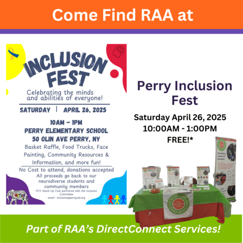 A bright graphic showing RAA's vendor table and a flyer for Perry Inclusion Fest on April 26th.