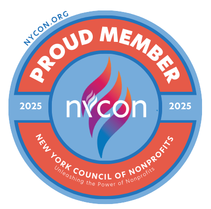 A blue-rimmed circle with red interior; logo for "Proud Member of NYCON", 2025.