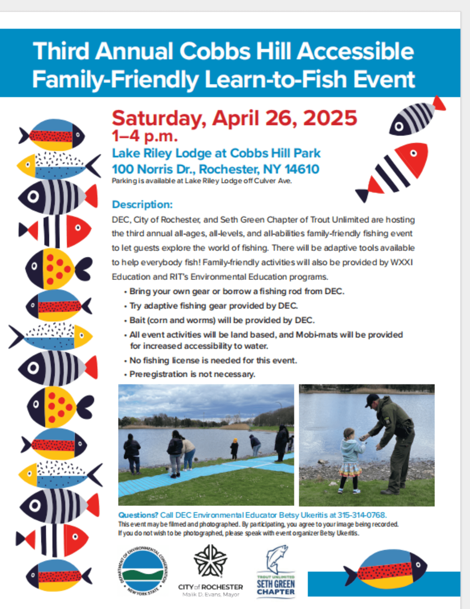 Accessible Fishing Flyer - April 26, line of fish graphics and photo of people fishing from Mobimats on an embankment by a small lake