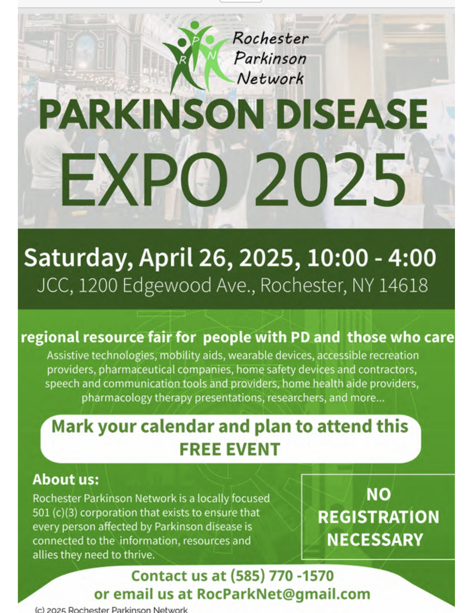 Flyer with shades of green, with "Parkinson Disease Expo 2025" with info about an event on Sat April 26.