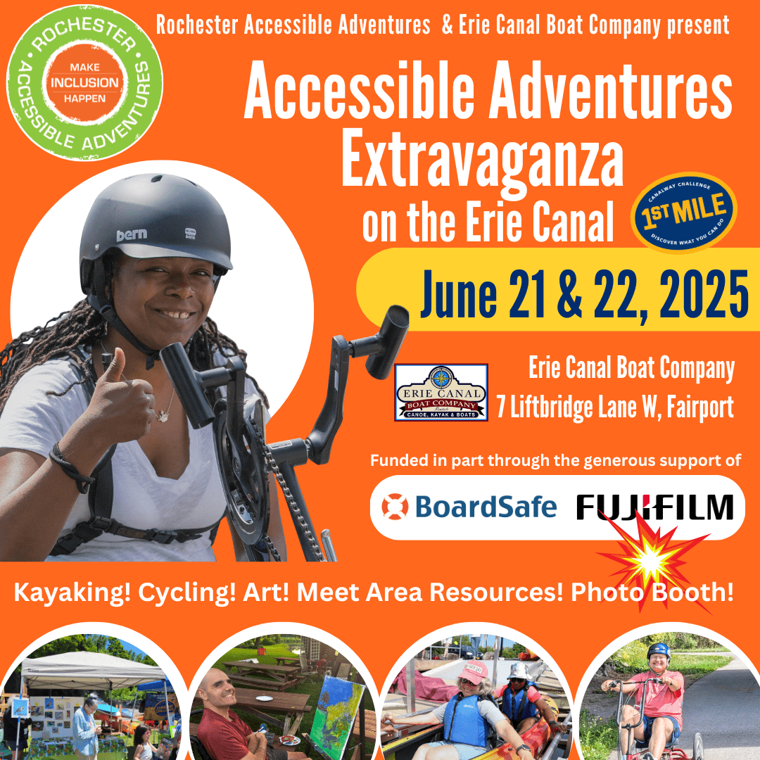 Bright orange flyer for Accessible Adventures Extravaganza on the Erie Canal June 21 and 22 at Erie Canal Boat Company; photos of people kayaking cycling doing art and visiting booths.