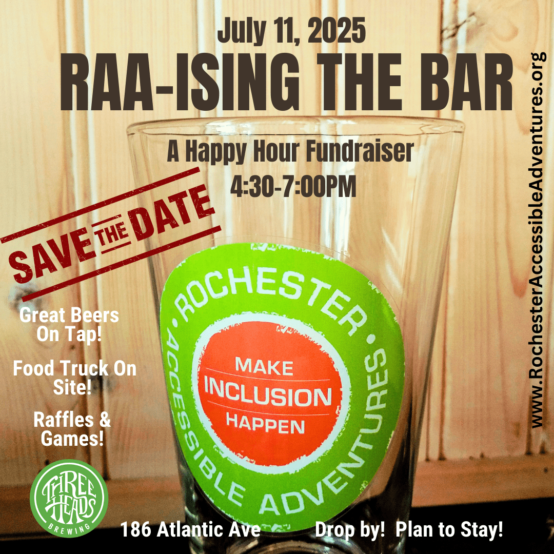Clear beverage glass with RAA's orange and green circle logo and "RAAising the Bar A Happy Hour Fundraiser July 11" at Three Heads Brewing set against a wooden background