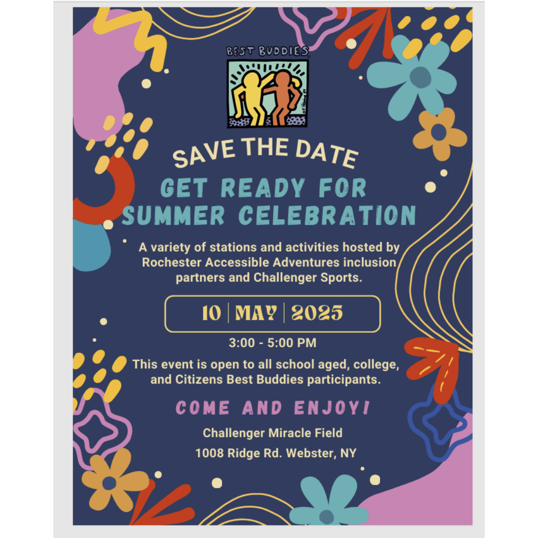 Flyer with info about a Summer Celebration for Best Buddies participants where they will be meeting RAA's inclusion partners for a fun afternoon of activities
