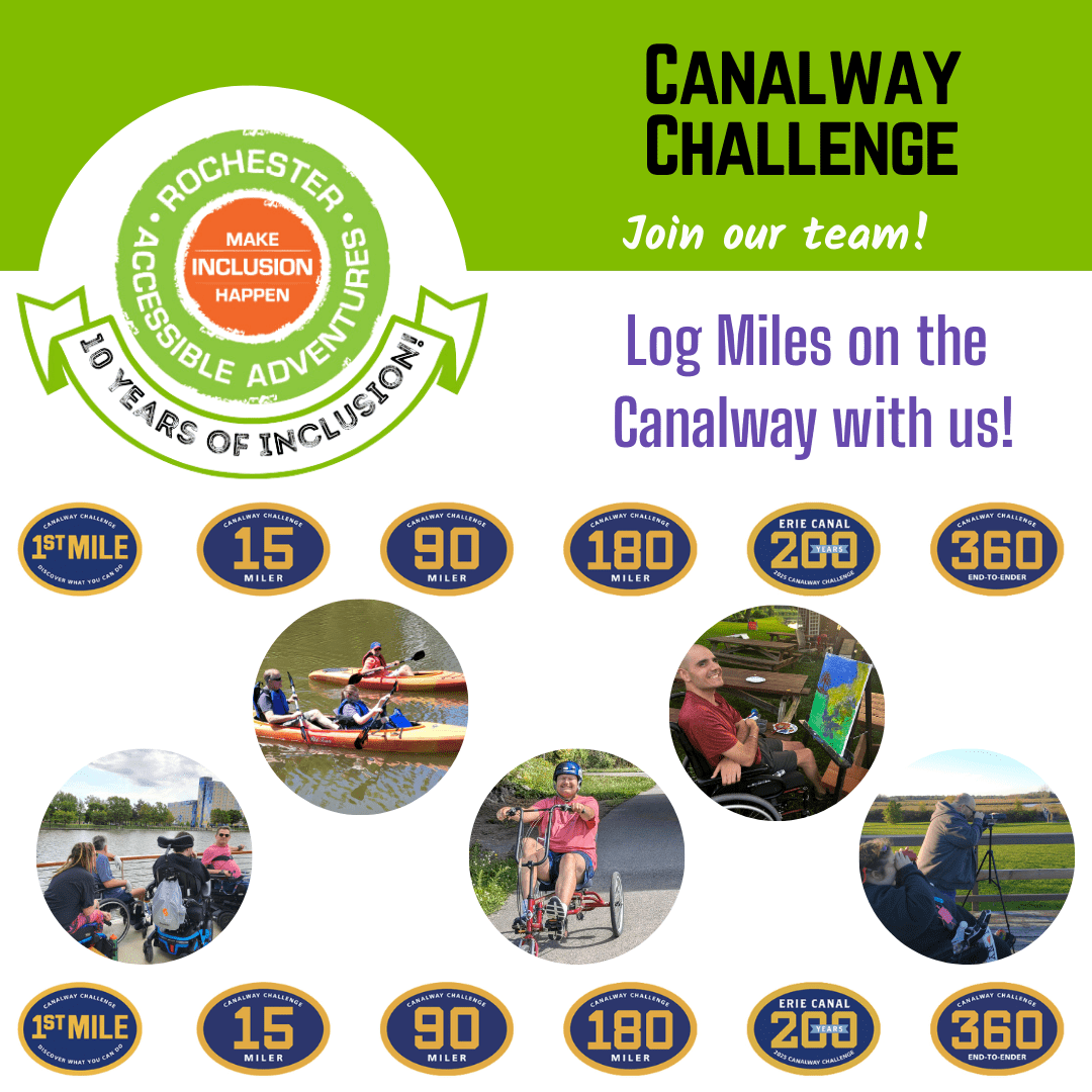 A graphic announcing RAA's Canalway Challenge Team with images of the various mileage stickers from 1st Mile to 360 Miles and photos of people kayaking, cycling, birding, and doing art along the canalway