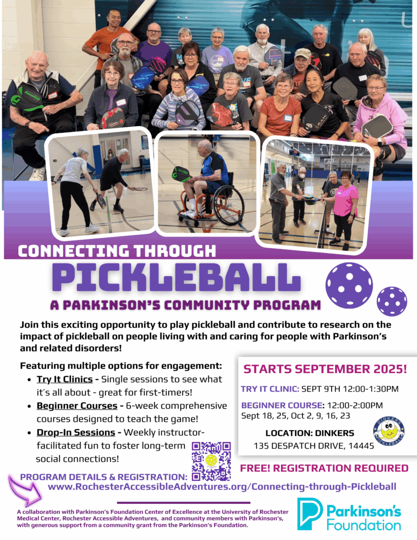 Flyer with information about upcoming pickleball programming for people living with Parkinsons and photos of people playing pickleball on indoor courts.