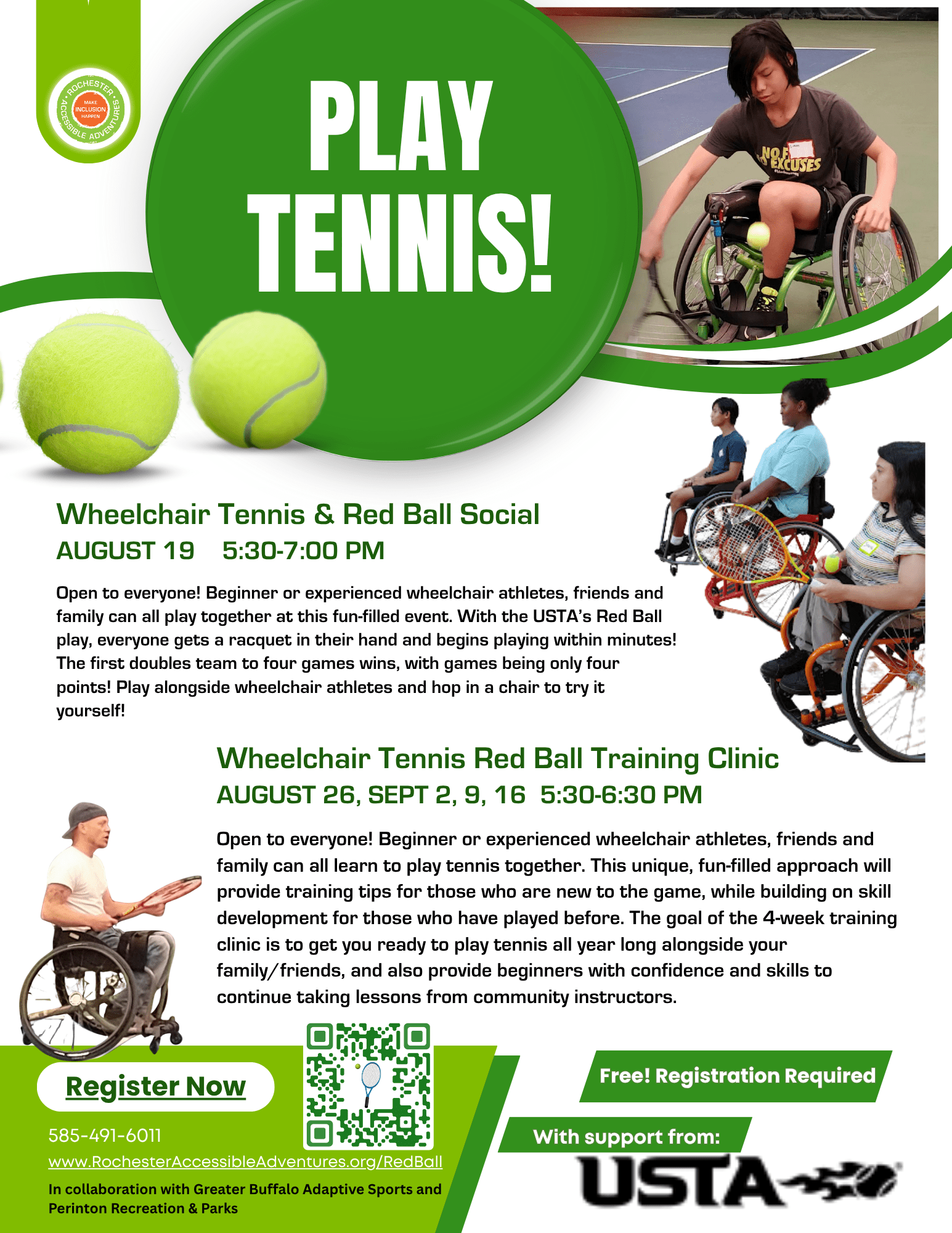 Flyer for Red Ball and Wheelchair Tennis programming with Rochester Accessible Adventures with programming in August and September 2025.