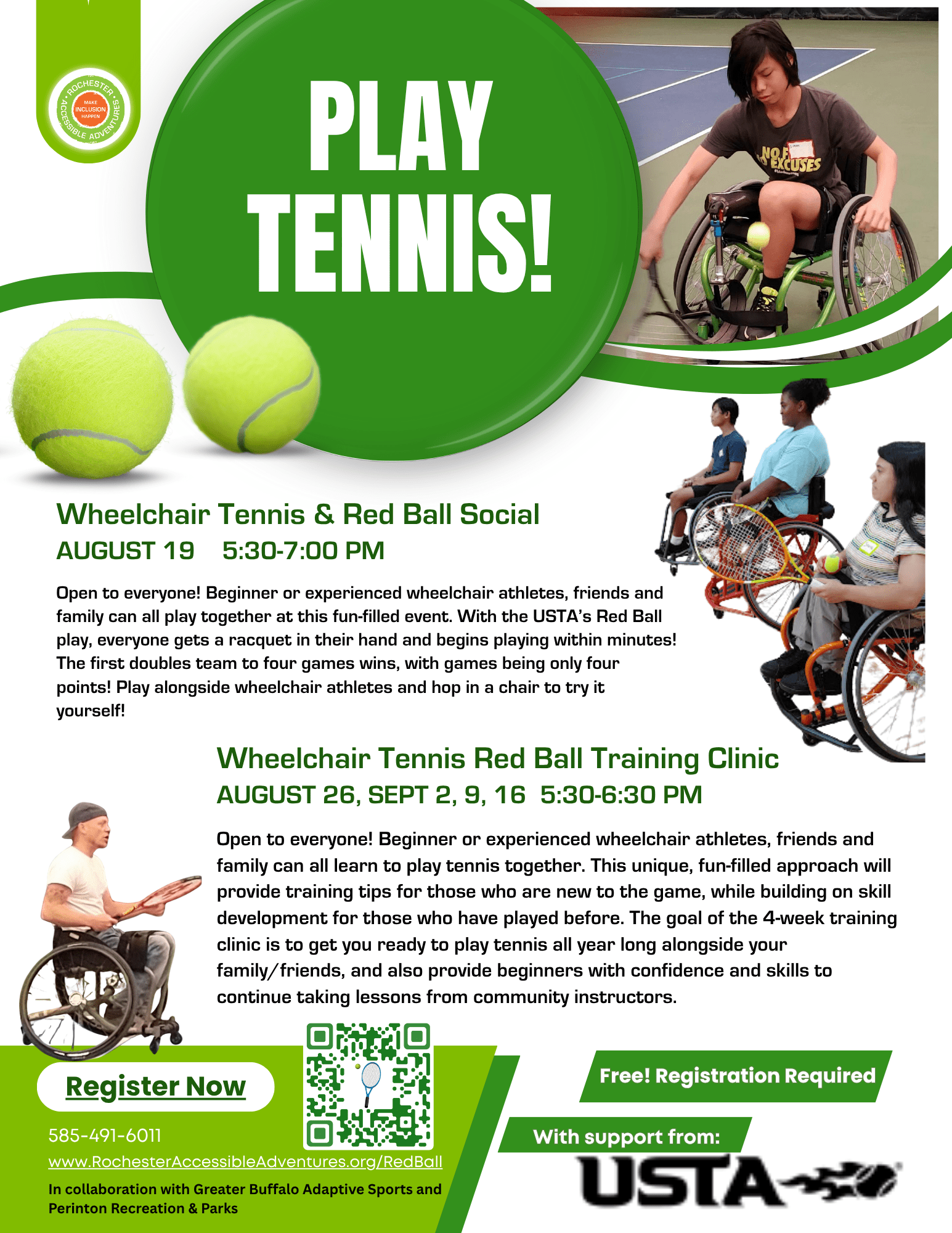 Flyer for Red Ball and Wheelchair Tennis programming with Rochester Accessible Adventures with programming in August and September 2025 at Perinton Park