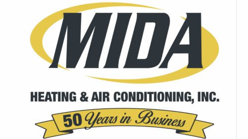 Black lettering with gold decorative wisps around Mida Heating and Air Conditioning 50 Years in Business logo MIDA