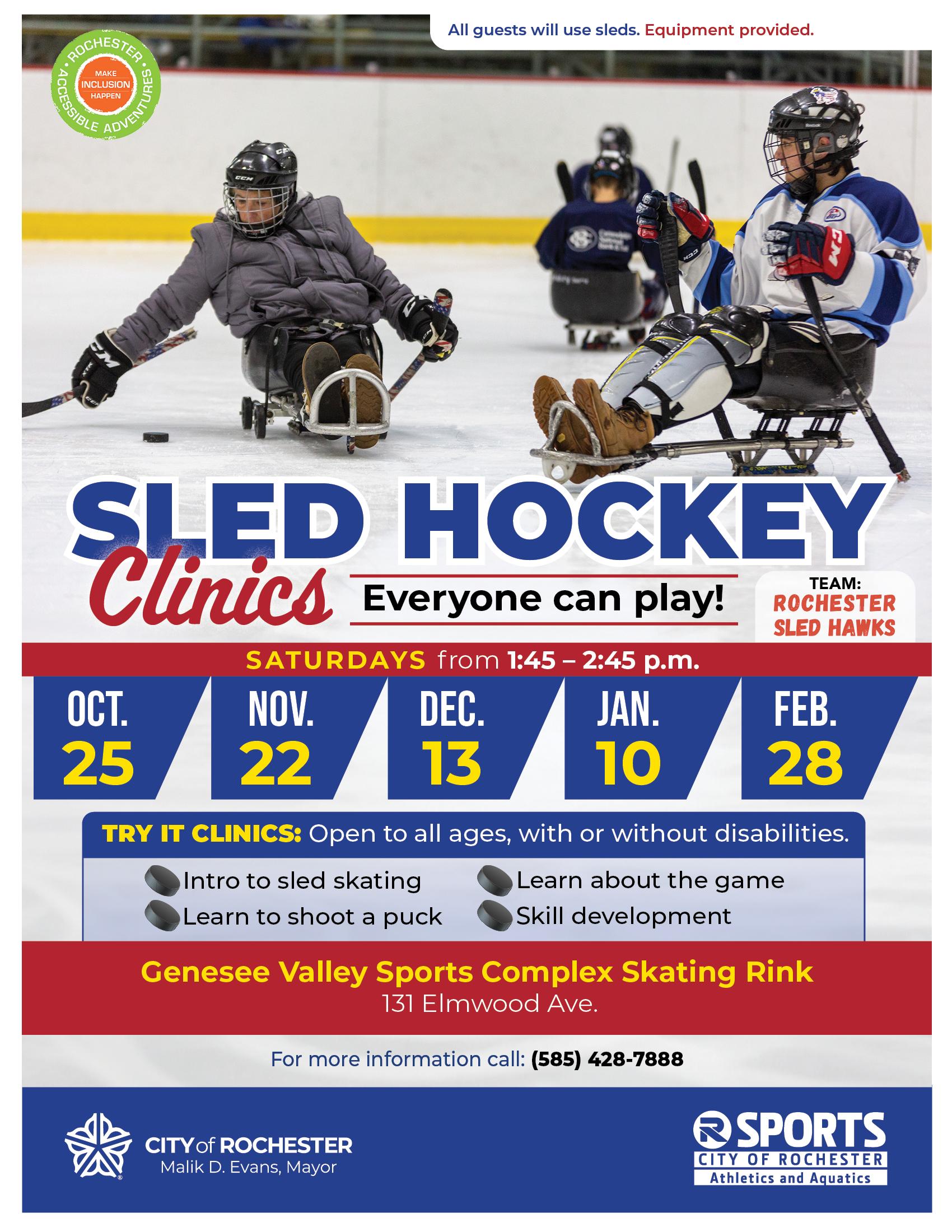 Flyer with Sled Hockey Clinic information and several people on hockey sleds playing on an indoor ice rink