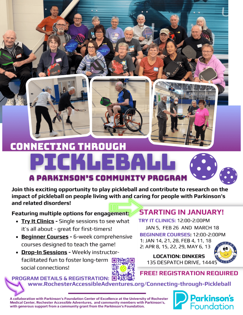 A flyer promoting Connecting Through Pickleball program for people living with Parkinsons and photos of people play pickleball in an indoor gym