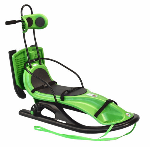 Green sled with tubular runners, arm rails and a high seat back with head rest and platform for someone to push the sled and a rope in the front for someone to assist by pulling it