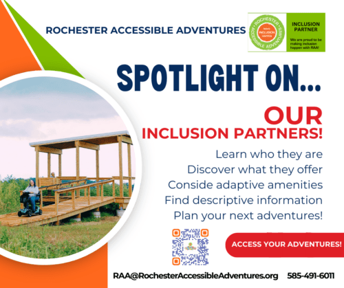 A graphic with the words Spotlight On... to announce RAA's spotlight on inclusion partners series that is beginning with a accessible ramped nature viewing platform