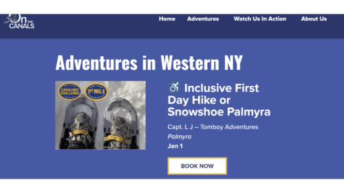 Screenshot of a blue website page for the On the Canals program with Capt LJ for an Inclusive First Day Hike or Snowshoe in Palmyra NY.