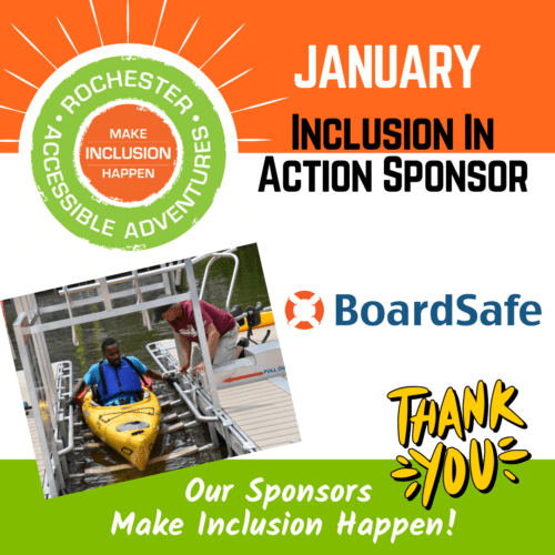 A bright orange green and white graphic thanking BoardSafe for their Inclusion in Action sponsorship in January for RAA