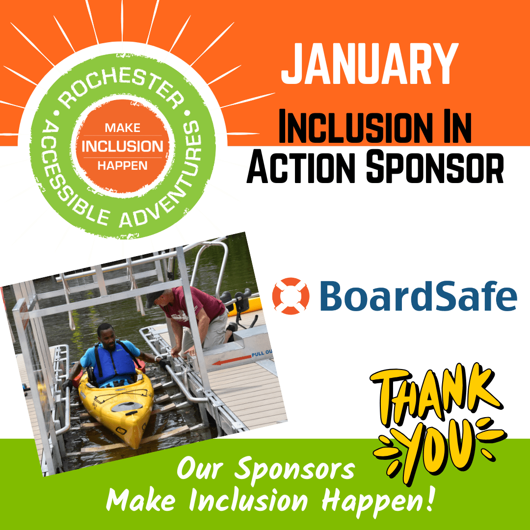 Orange white and green graphic thanking BoardSafe for their January Inclusion in Action Sponsorship for RAA with an man in a kayak on a BoardSafe kayak launch