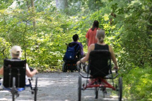 A group of people meandering along a wide, level, packed trail through a thick green wooded area, some walking, others in wheelchairs or on cycles