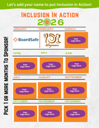 A graphic with 12 months of squares ready to be filled with Inclusion In Action Sponsor logos; the first square is filled with BoardSafe Docks