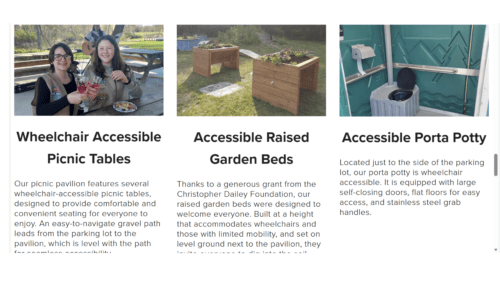 A screenshot from Hudson Crossing Park's Accessibility Page showing three amenities: Wheelchair Accessible Picnic Tables, Raised Garden Beds, and their fabulous accessible Porta Potty.