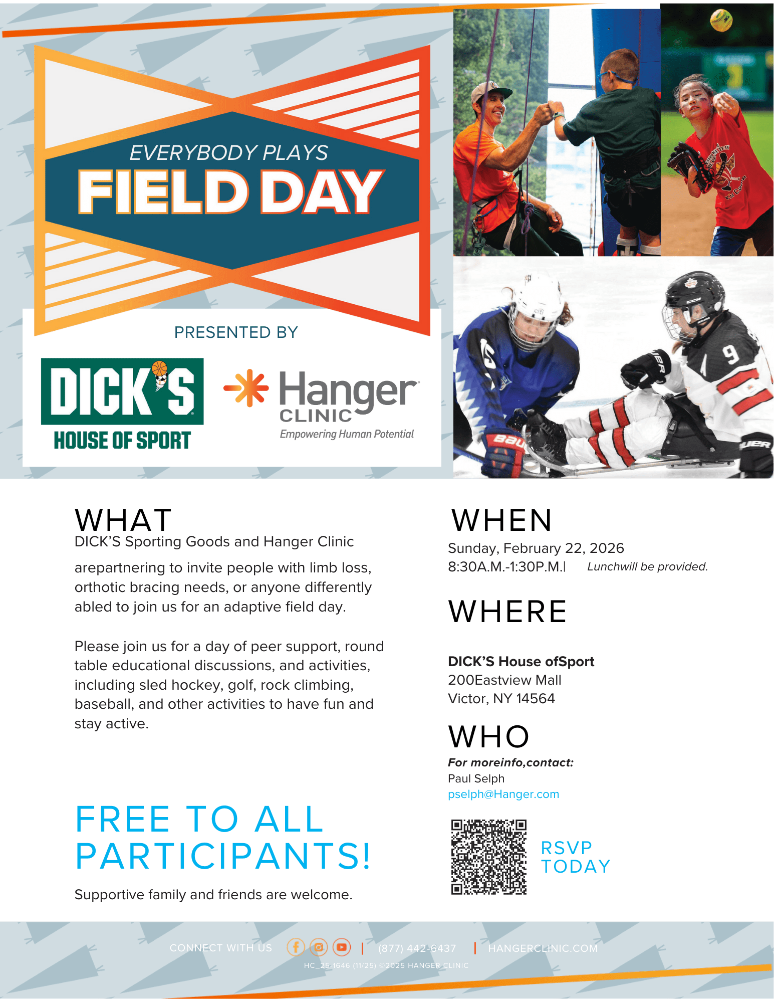 Collage promoting Field Day event with adaptive sports like rock climbing, baseball, and hockey for people with limb loss and other disabilities, hosted by Dick's House of Sport and Hanger Clinic.