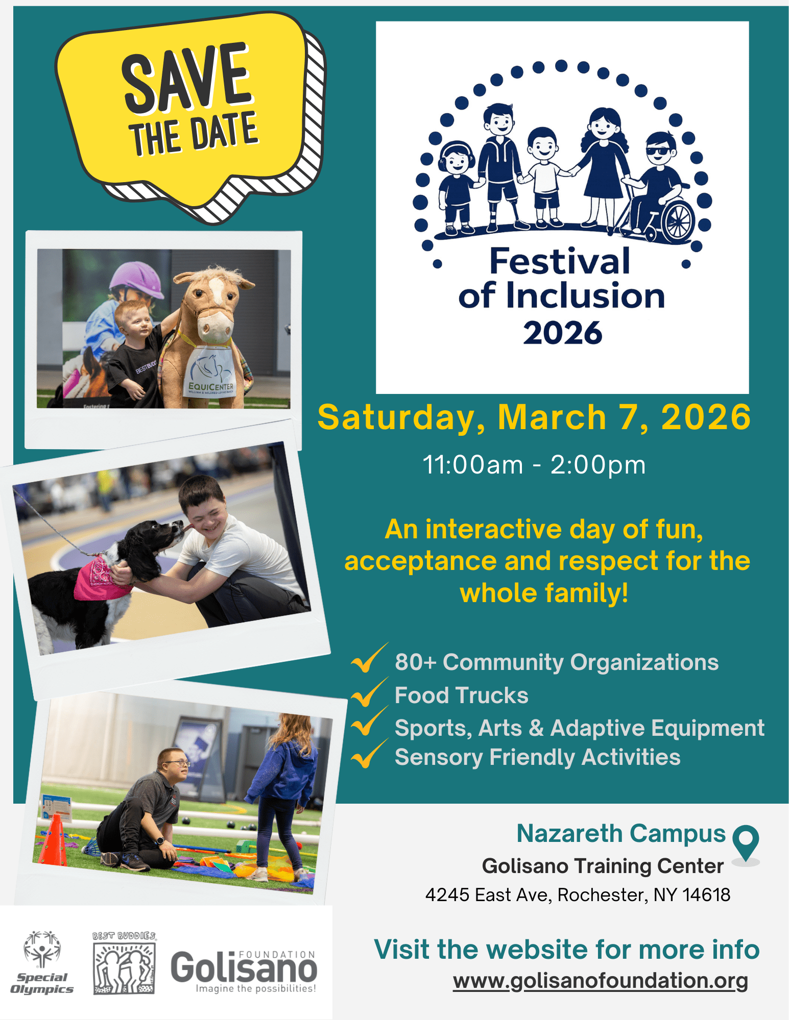 A flyer for Festival of Inclusion 2026 with photos of guests engaging in fun, interactive games in a large open gym in advance of the March 7th event