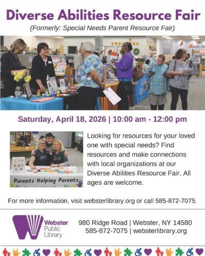people at a resource fair and advertising the Diverse Abilities Resource Fair in Webster on April 18, 2026