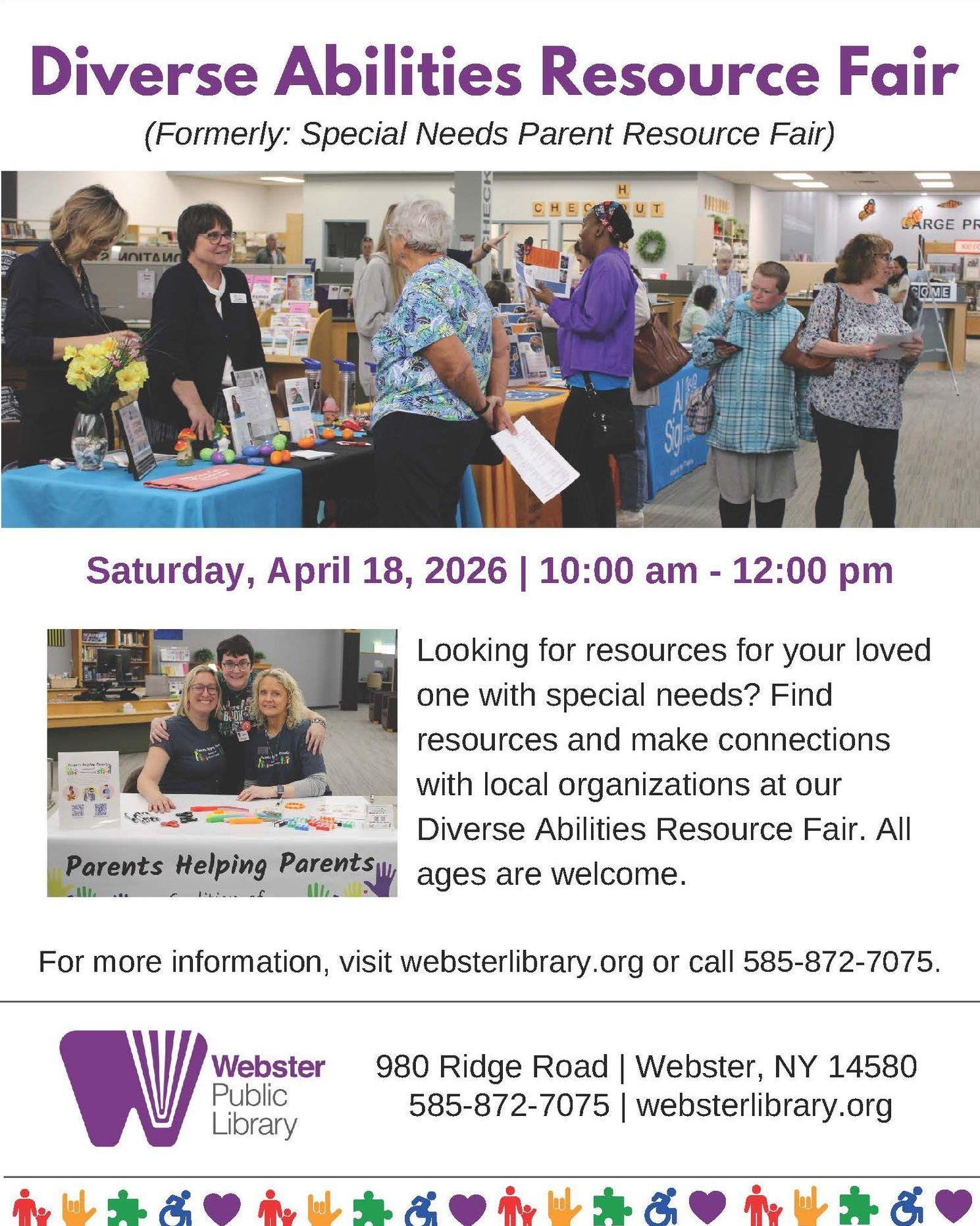 people at a resource fair and advertising the Diverse Abilities Resource Fair in Webster on April 18, 2026