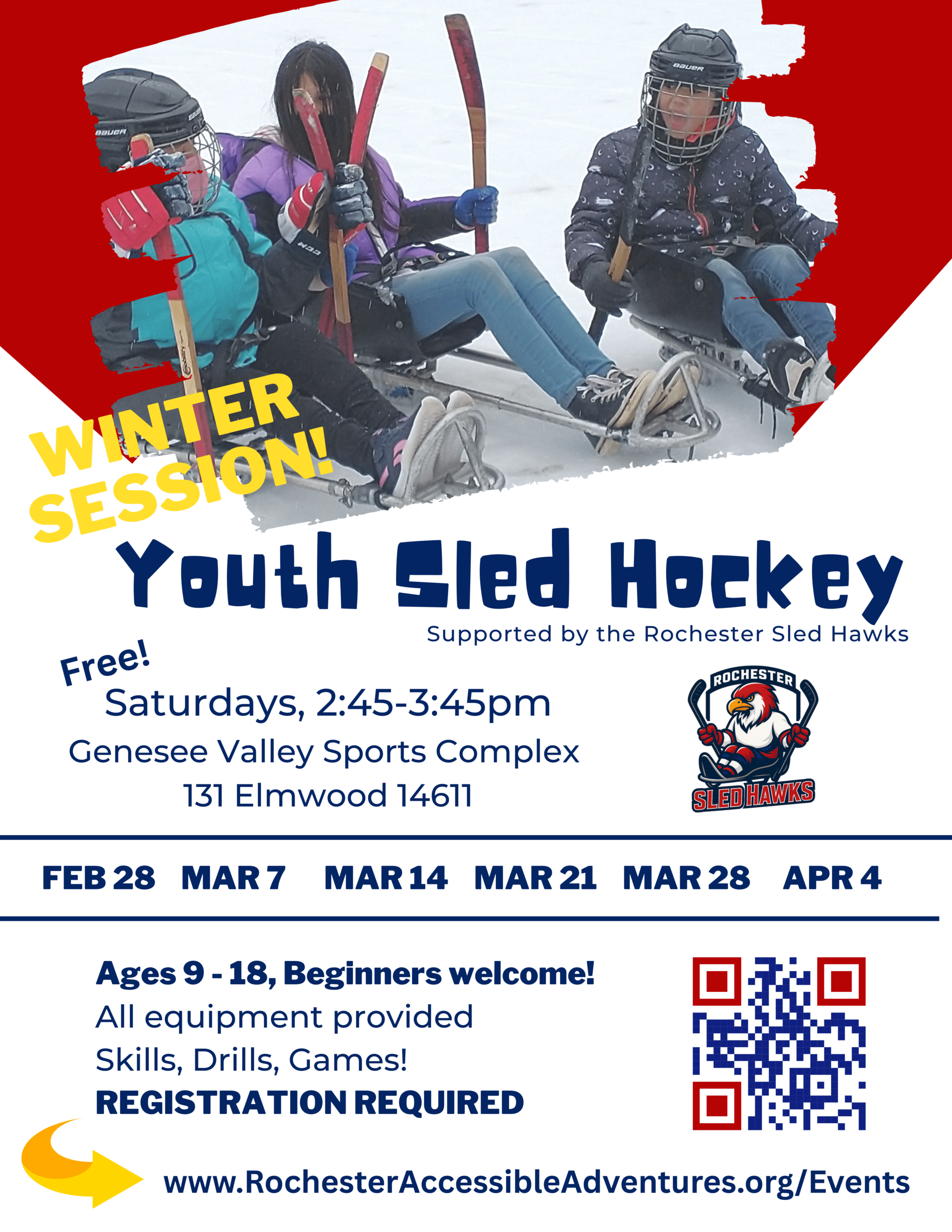 Flyer showing three youth on hockey sleds on an outdoor rink with information about the Youth Sled Hockey program starting soon