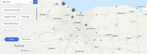 A map showing blue diamonds where trails have been assessed for accessibility for birding, centered in the Greater Rochester NY area