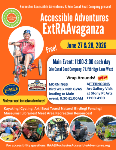 A bright orange flyer with information about the ExtRAAvaganza on June 27 & 28 in Fairport 11:00-2:00 with many opportunities to learn about and try inclusive recreation