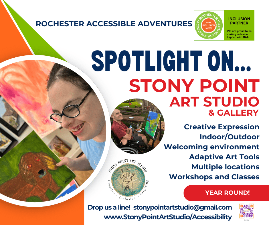 A graphic with a featured Spotlight On Stony Point Art Studio with descriptions of the welcoming and inclusive environment, photos of people with disabilities and their artwork, and contact information
