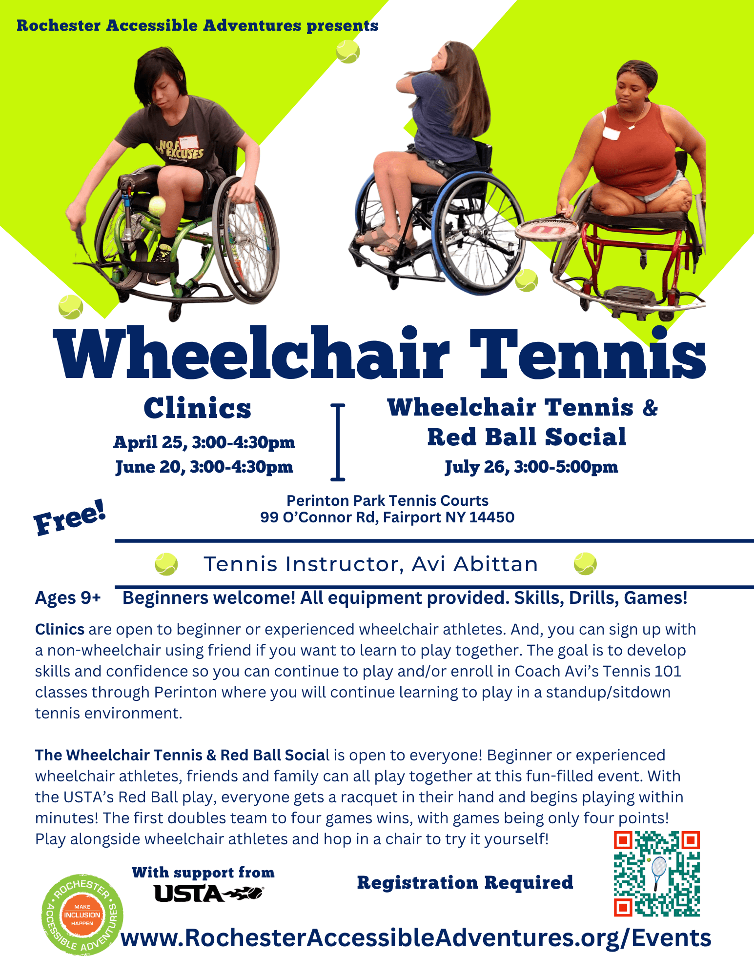 Flyer for Wheelchair Tennis through RAA with Perinton Rec for April, June and July