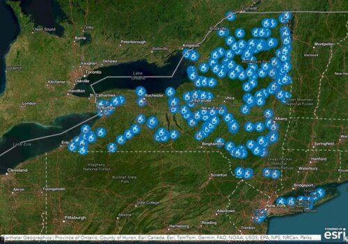 A screenshot of a map with land-based background of green with the outline of New York State and over 250 blue and white wheelchair icons representing accessible amenities on DEC lands