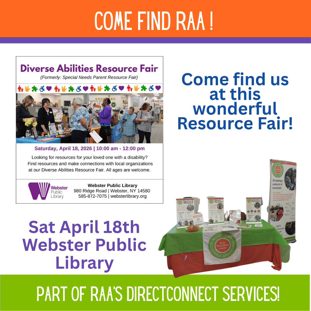 A flyer with a people engaging at the Diverse Abilities Resource Fair with informational tables and community members interacting indoors at Webster Library.