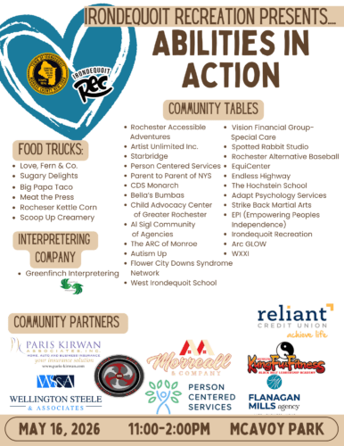 A flyer from Irondequoit Rec that lists organizations, food trucks, and opportunities at the Abilities in Action event