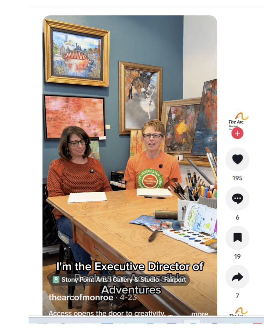 Screenshot of a TicTok page from Arc of Monroe with an RAA's director and Stony Point Art Studio's owner in an art studio