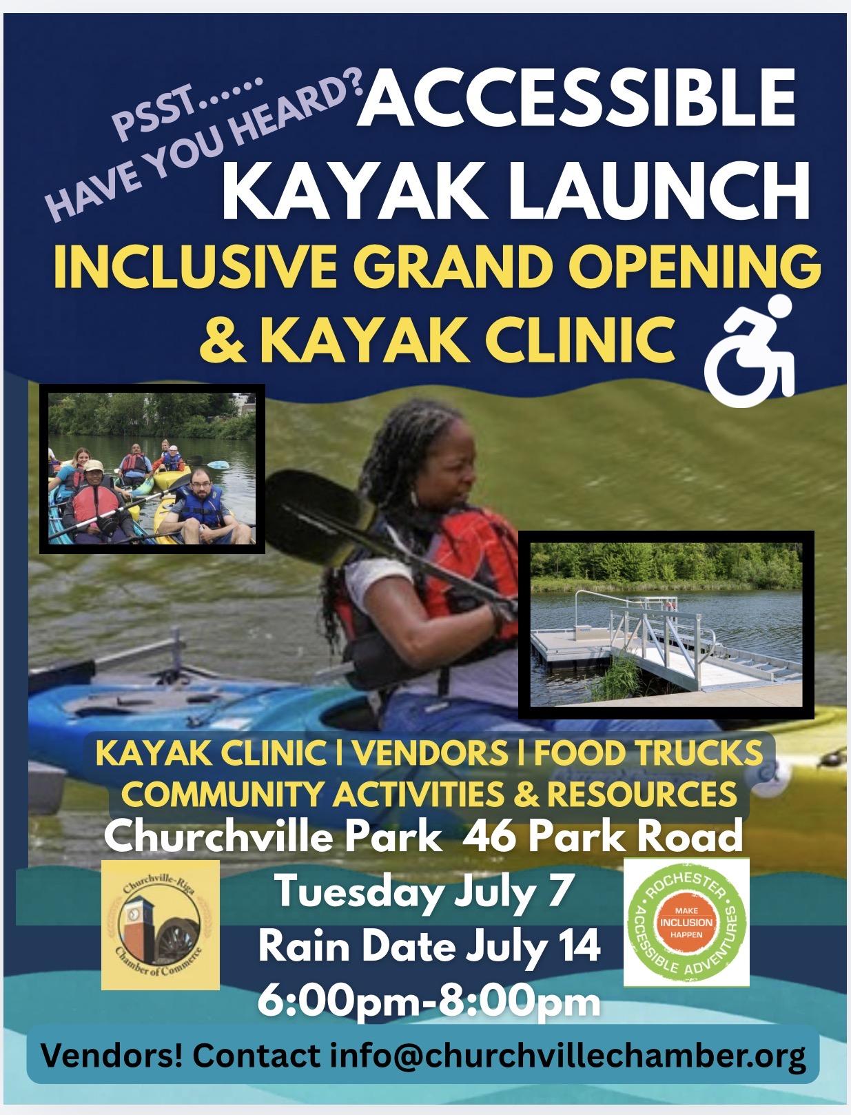 Flyer with photos of person and group kayaking with info for an open house at the new adaptive kayak launch in Churchville Park