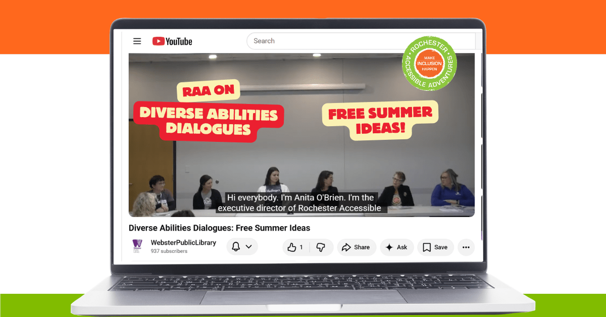 Screenshot of Webster Diverse Abilities Dialogues with a panel of six people at a table and RAA's logo promoting free summer ideas