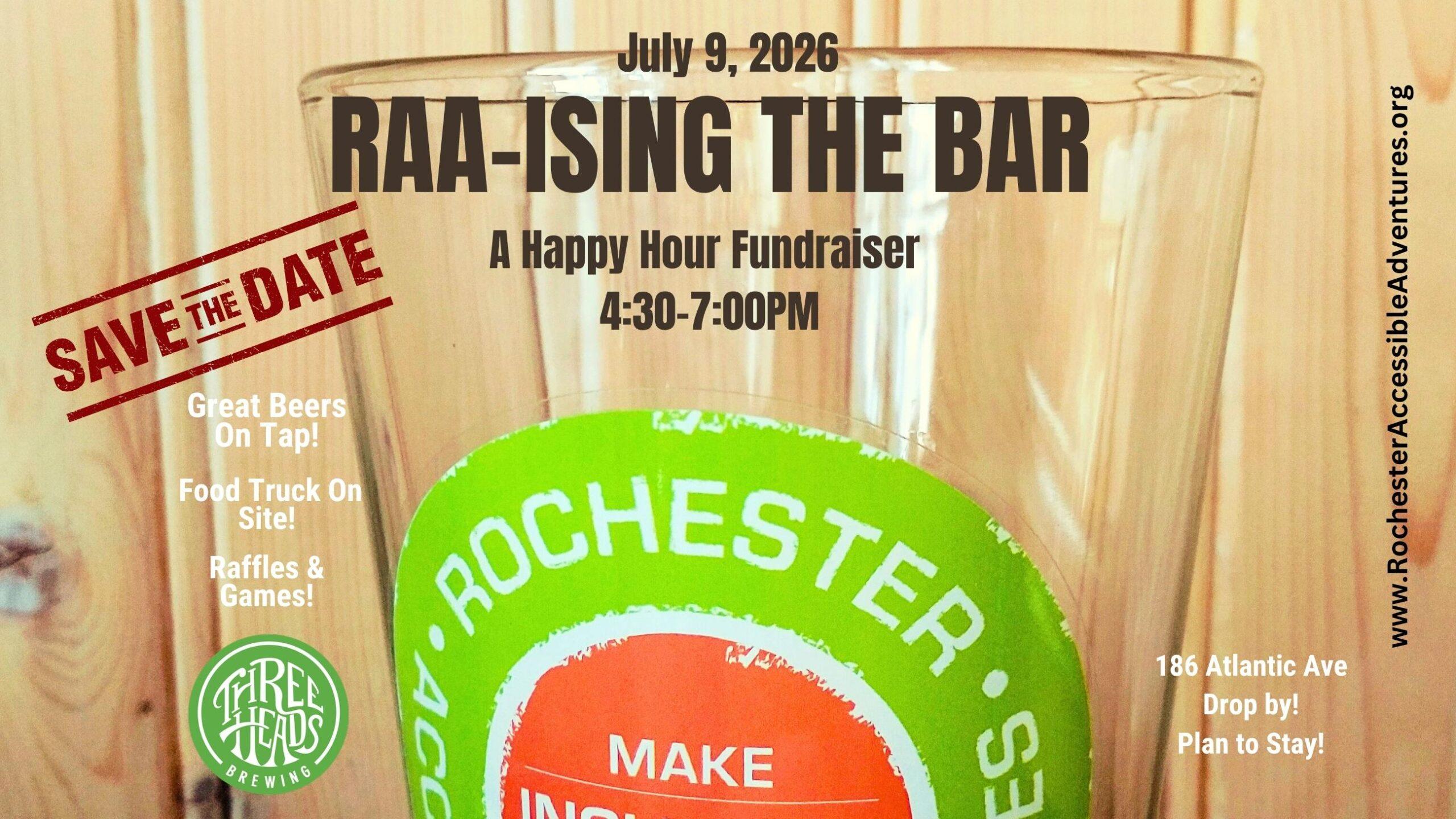 An RAA promotion for the RAA-ising the Bar social on July 9th at Three Heads Brewing with a light wood paneling in the background and a clear beverage glass with RAA's logo on it