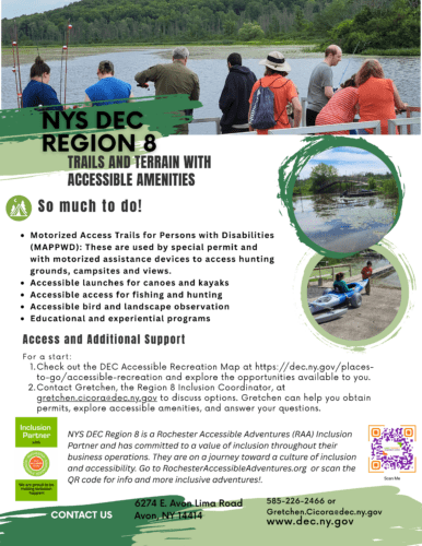 Flyer for NYS DEC Region 8, an inclusion partner of RAA, with images of people fishing, kayaking, and nature