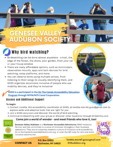 Flyer for Genesee Valley Audubon Society highlight their work towards inclusive birding - excursions, sit and bird sessions, and much more