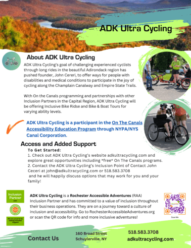 Flyer for ADK Ultra Cycling highlighting their inclusive cycling and work with RAA