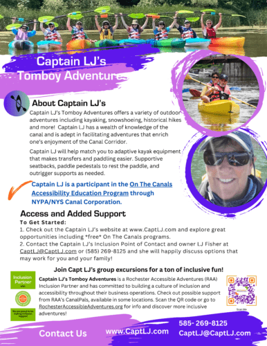 Flyer about Capt LJ Tomboy Adventures as one of RAA's Inclusion Partners that leads excursions outdoors, kayaking and hiking