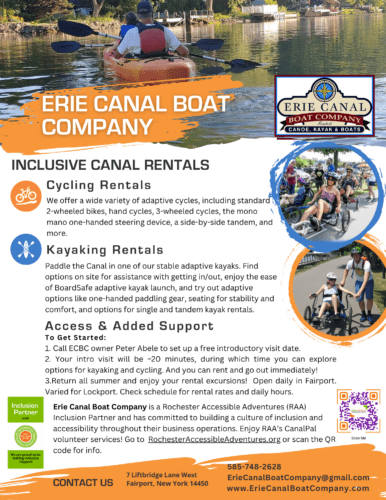 Flyer for RAA's Inclusion Partner, Erie Canal Boat Company, who provides inclusive kayaking and cycling rentals, with images of people participating along the canal