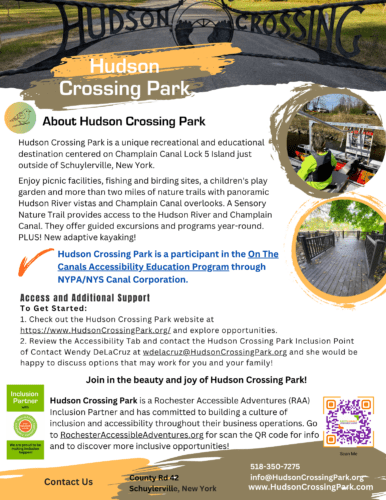 Flyer for Hudson Crossing Park highlighting their work with RAA and their inclusive opportunities for nature exploration