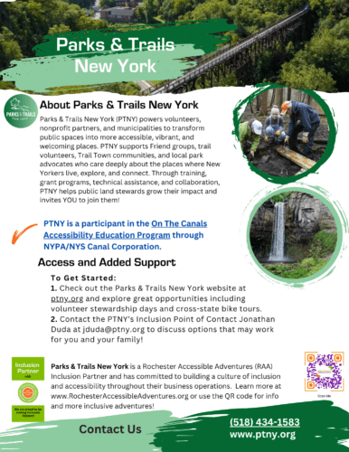 Flyer for RAA's Inclusion Partner, Parks and Trails NY, who provides advocacy and connection to parks and trails across NY