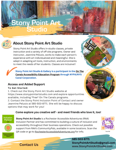 Flyer of Stony Point Art Studio's work with RAA to provide inclusive art workshops and classes.
