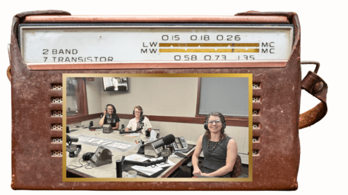A vintage brown radio with an WXXI studio and guests with Anita, RAA's Executive Director, seated around a studio table and one guest on a screen on the wall from a remote broadcast