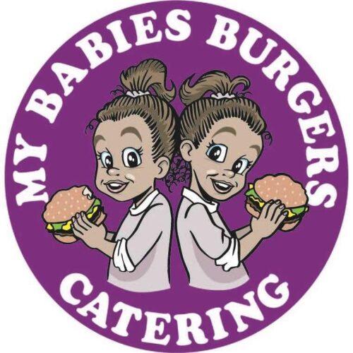 A purple circle graphic with two brown skinned girls back to back holding burgers and "My Babies Burgers Catering"